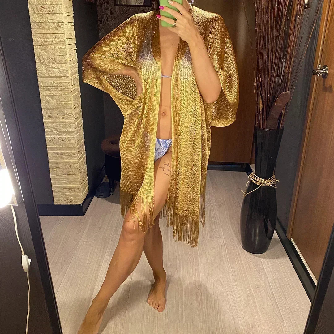7color bikini cover fringe beach dress Tunics swimsuit womens shiny Pareo Plage 250312