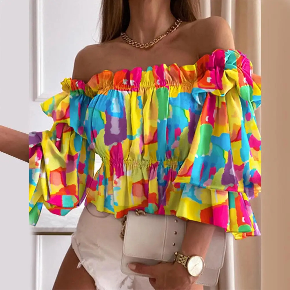 Off Shoulder Summer Ladies Multi-layer Top Colorful Pleated Autumn Blouse Fashion Women Ruffles Long Sleeve Shirt for Beach 250313