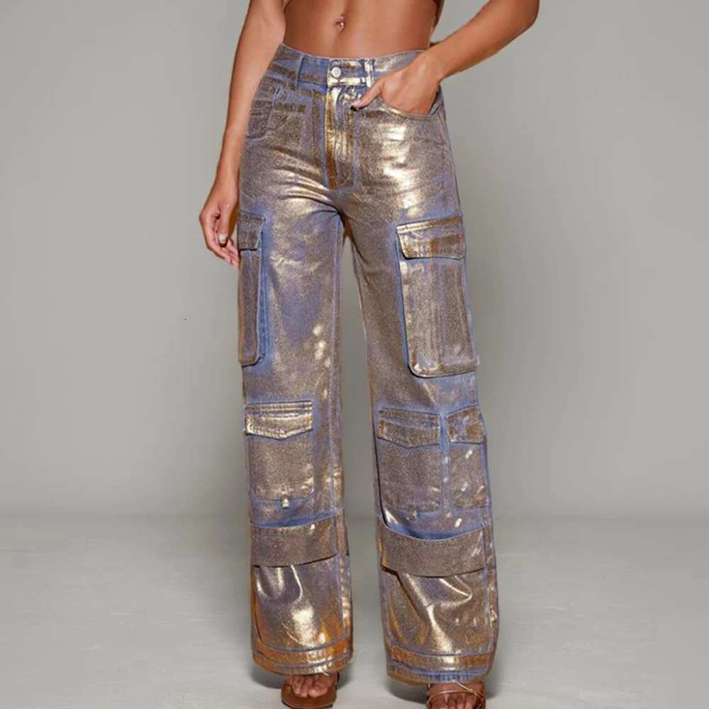 Casual Patchwork Pockets Hit Color Jeans For Women High Waist Spliced Button Minimalist Loose Cargo Pants Female Fashion New