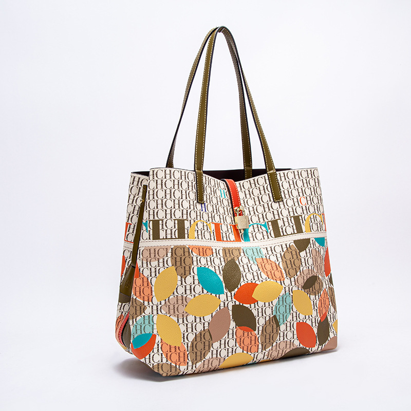 CHCH Women's PU Bucket Classic Letter Style Color Printed Shoulder Bag Large Capacity Handbag