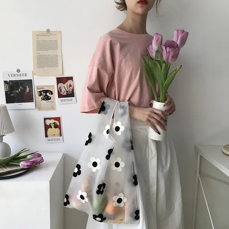Women Transparent Tote Double Organza Yarn Cloth Bags Embroidery Flowers Handbag High Quality Eco Shopping Bag Purses For Girls R250312
