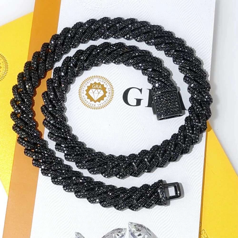 2025 Plated Sier VVS Black Moissanite Pass Dia Tester Cuban Chain Hip Hop 10/12mm 2 rows Rhomboid Necklace