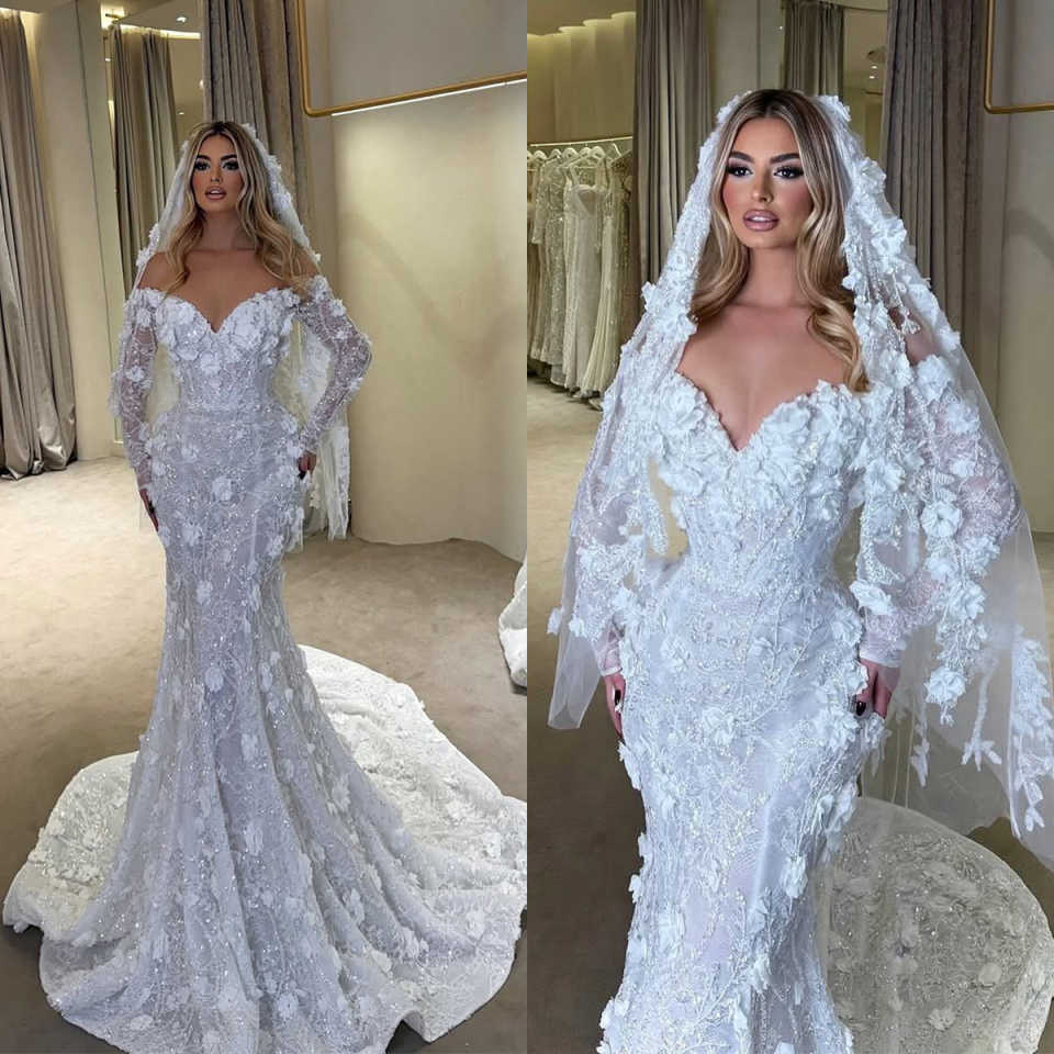 Sexy Mermaid Wedding Dress Off Shoulder Long Sleeves Bridal Gowns 3D Appliques Pearls Sweep Train Dresses Custom Made vestidos de novia