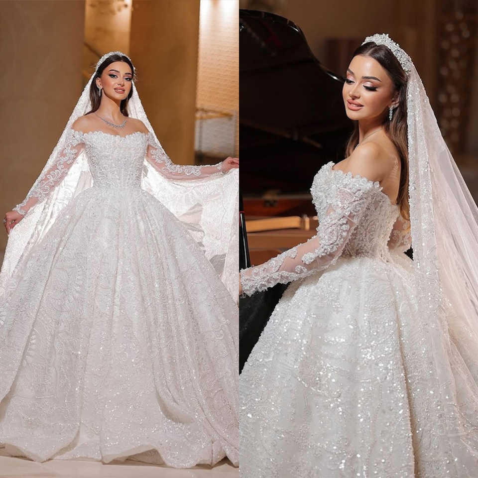 Elegant Ball Gown Wedding Dress Off Shoulder Long Sleeves Bridal Gowns Sequins Lace Sweep Train Dresses Custom Made vestidos de novia