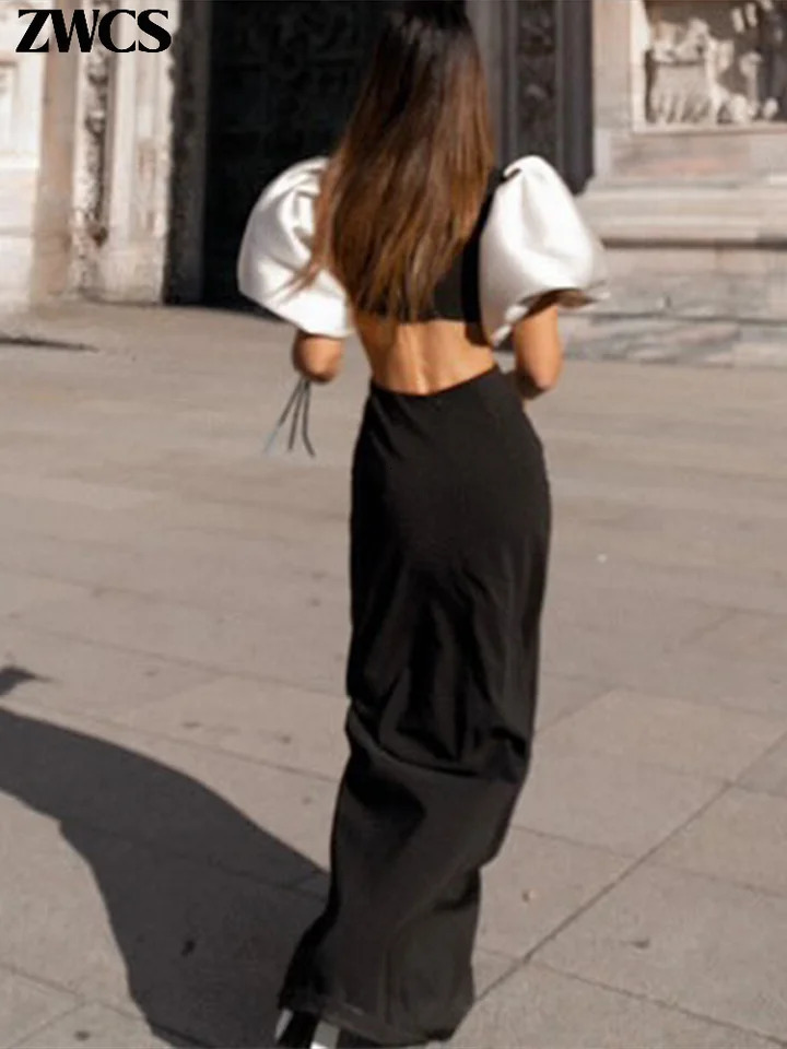 Elegant Puff Sleeve Evening Dress Womens Sexy Hollow Waist Short Long Summer Comparison Party Vest 250313