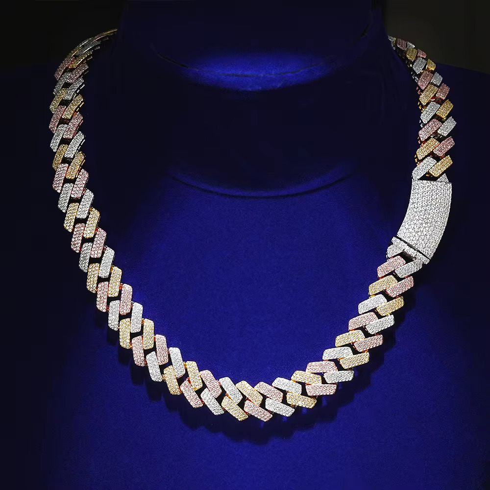 New Design Fashion Hip Hop 15MM Caged Back Iced Out Cubic Zirconia 14K Solid Gold Brass Three Color Plated Cuban Chain for Men