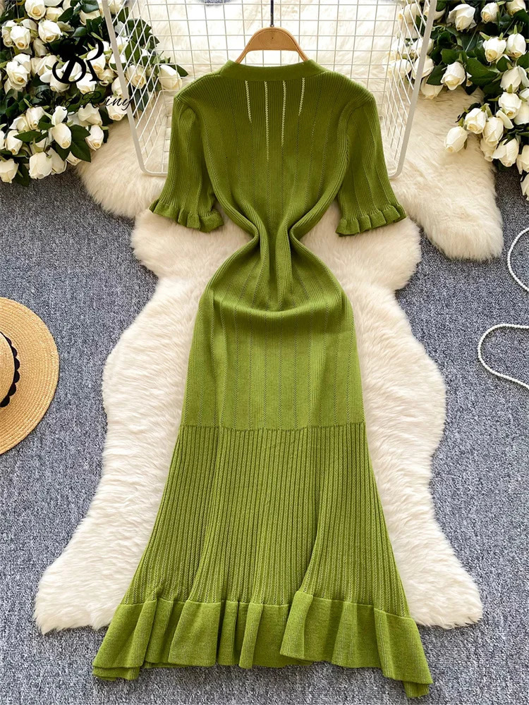 SINGREENY Summer OL Knitted Dress Womens Vneck Button n Ultra Thin Mermaid Sun Skirt Fashion Elastic Solid Bohemian Long 250313