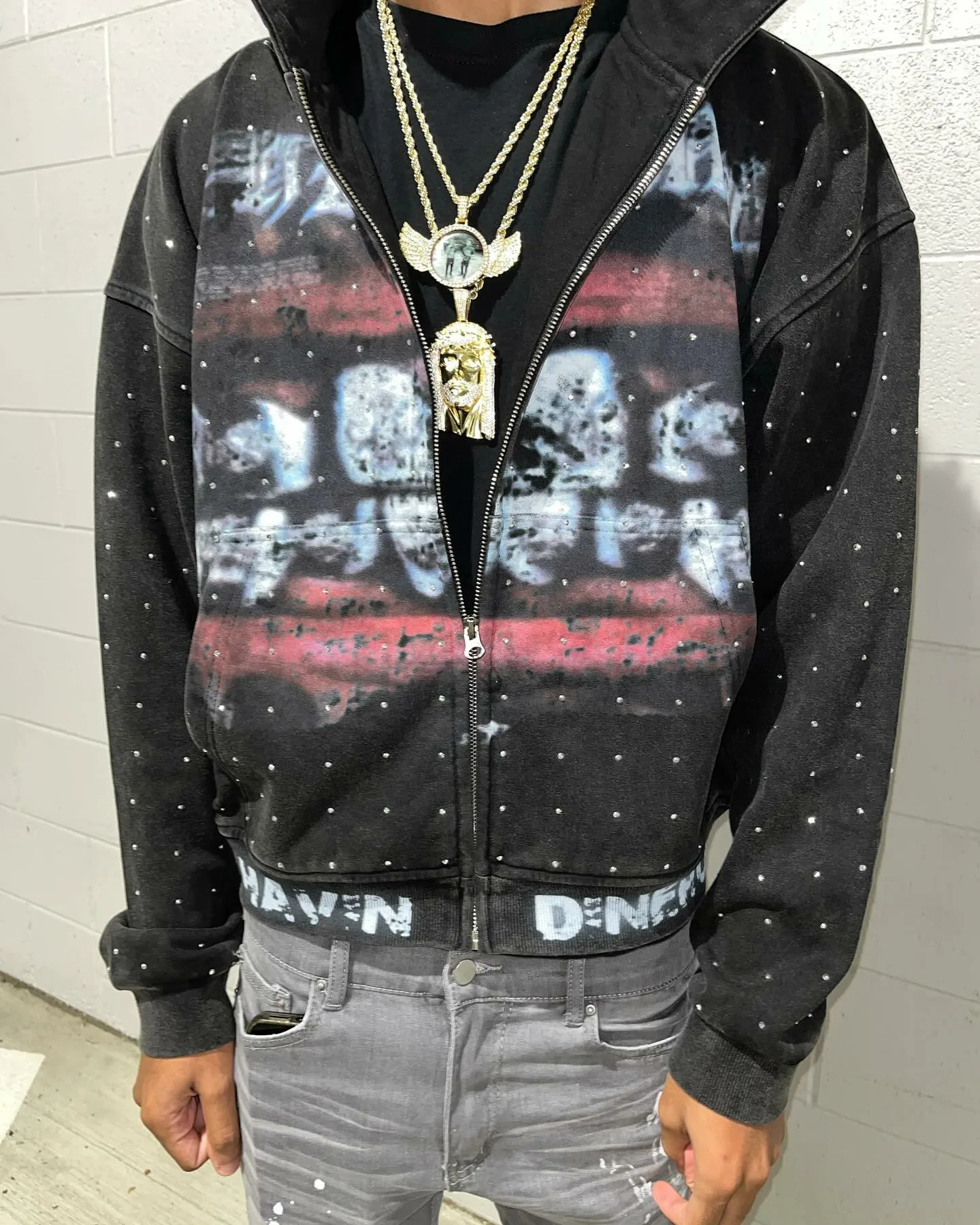Streetwear Fashion Rhinestone Zip Up Sweatshirt Harajuku Lips Graphic Print Oversized Hoodie Goth Black Hooded Jacket Men Women 250311