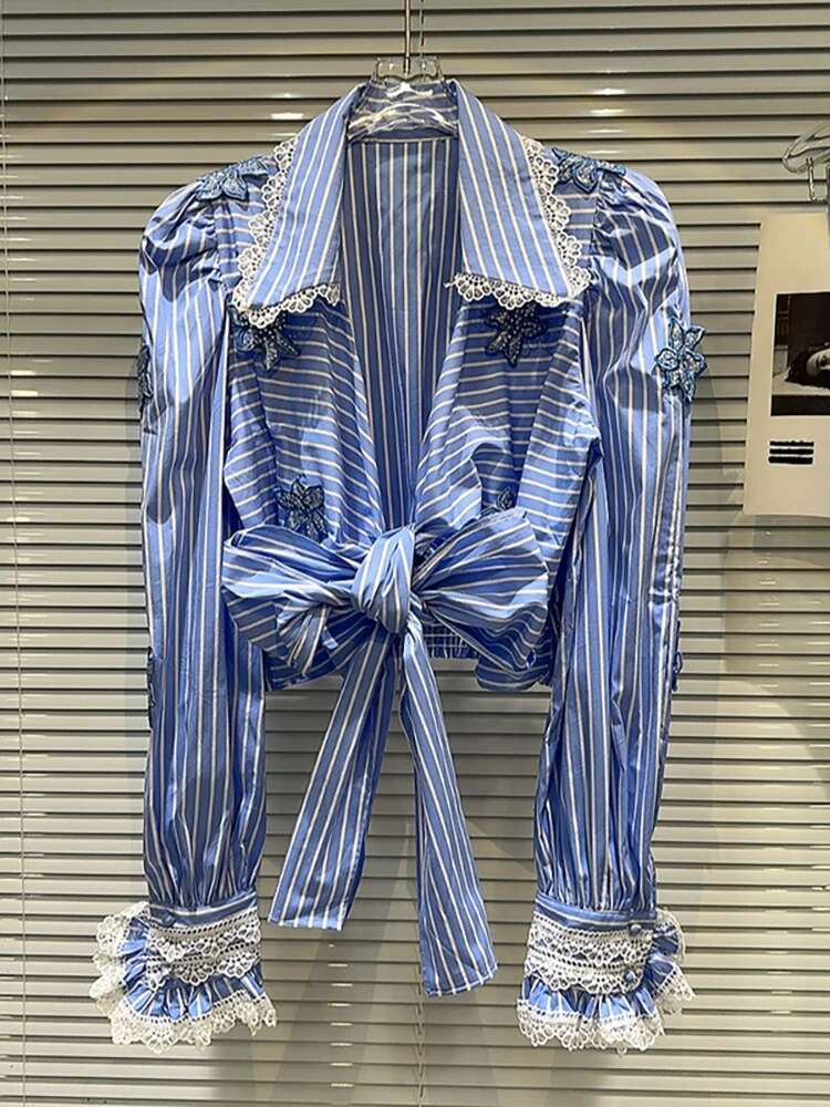 Women Shirt Patchwork Lace Bow Bandage Embroidery Blue Striped Single Breasted Short Blouse 2025 Spring New Fashion 29L8151