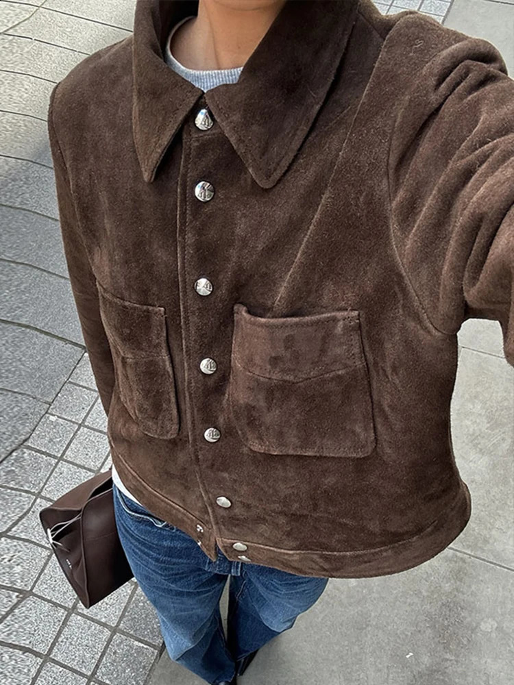 Classic Brown Single Chest Jacket Womens Retro Suede Collar Pocket Short Sleeve Versatile Spring Chic Street 250312