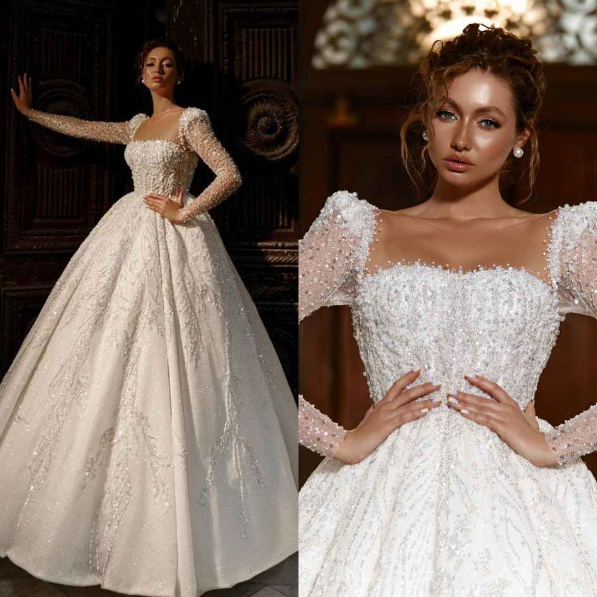 Elegant A e Women Wedding Sheer Neck Long Sleeves Backless Bridal Gowns Sequins Pearls Sweep Train Dress Custom Made