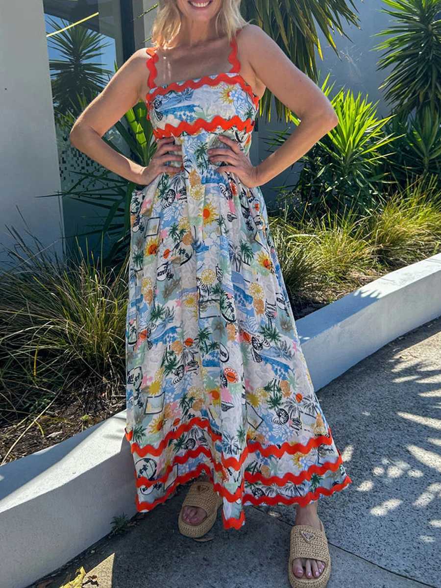 Urban Sexy Dresses Womens Long Cami Dr Floral/Leopard Print Slvel Square Neck Back A-Line Ric Rac Dres Party Beach Vacation Sundr Y240312DJCM