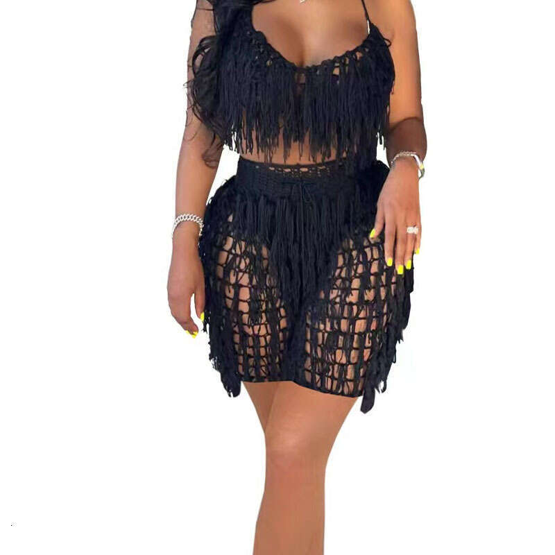 New Urban Sexy Perspective Knitted Hand Hook Tassel Beach Shorts Set For Women