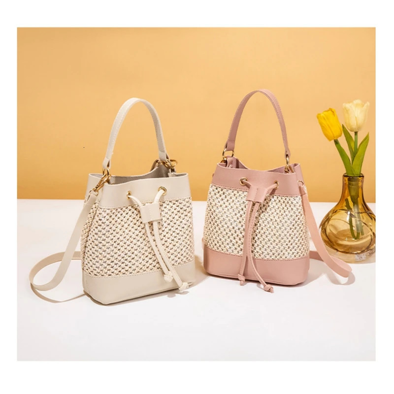 Bucket Bag For Women Drawstring Handbag Beach Straw Woven Crossbody Bag Fashionable Simple And Elegant Summer Messenger Bag R250312