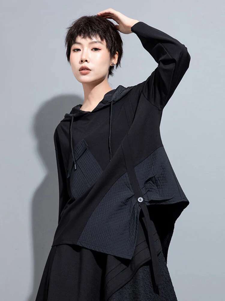 Women White Irregular Ribbon Big Size Casual T-Shirt New Hooded Long Sleeve Fashion Tide Spring Autumn 2025 1Dh0999