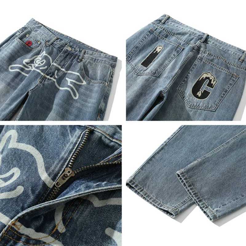 2024 Pantolon Y2K Street Clothing Flying Dog Printed Pocket Jeans Mens Harajuku Fashion Hip Hop Cowboy Trouser Vaqueros X250313