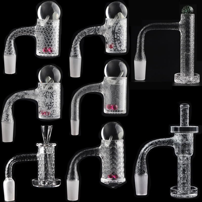 Beracky Sandblasted Beveled Edge Smoking Quartz Charmer Banger Set With Cap Cone Terp Pearl 20mmOD Carving Pattern Quartz Nails