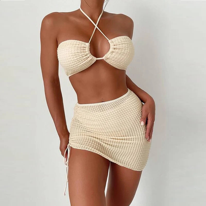 3piece bikini set in beige color sexy hanging collar swimsuit for women side pull rope womens beach 250313