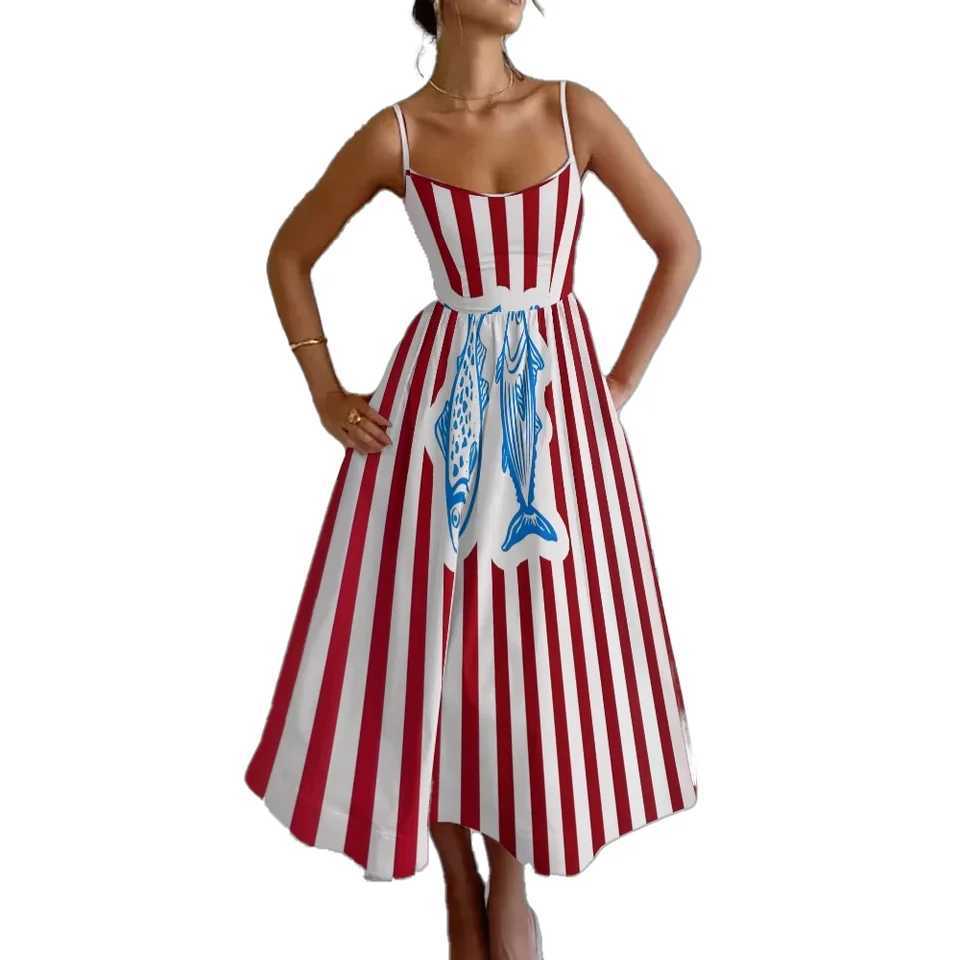 Urban Sexy Dresses Red and white striped printed abstract fish Dr womens Sundr shoulder strap ultrathin shoulder strap fluffy skin fashion magazine st