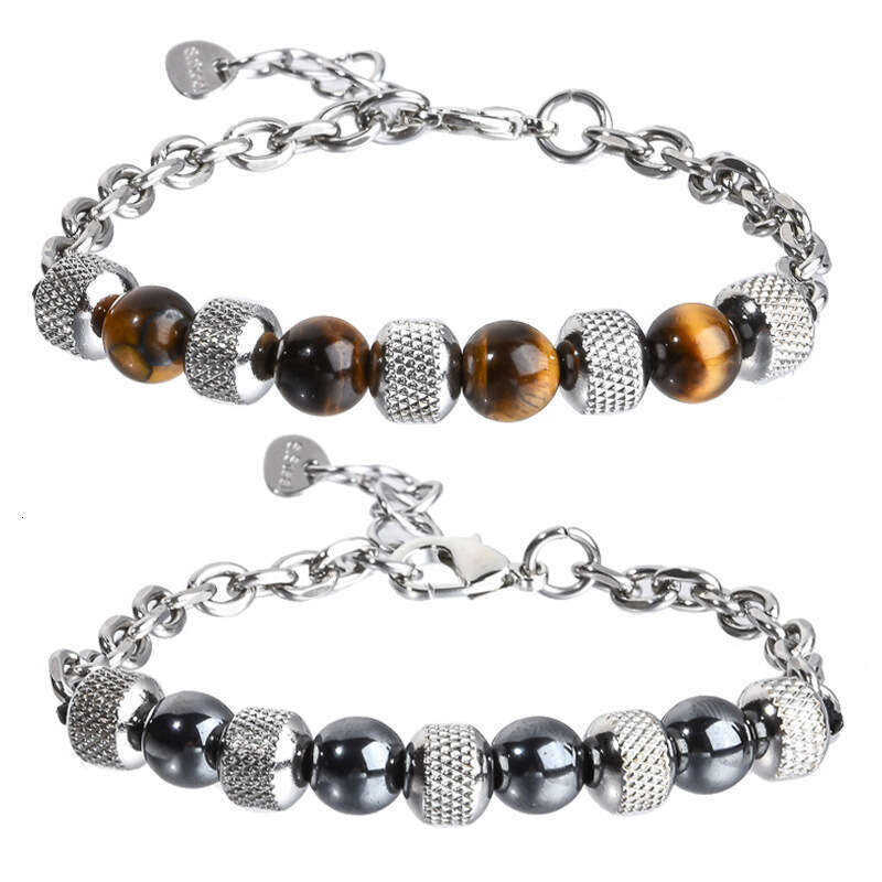Men's Stainless Steel Tiger Eye Agate Volcanic Stone Adjustable Bead Bracelet Jewelry