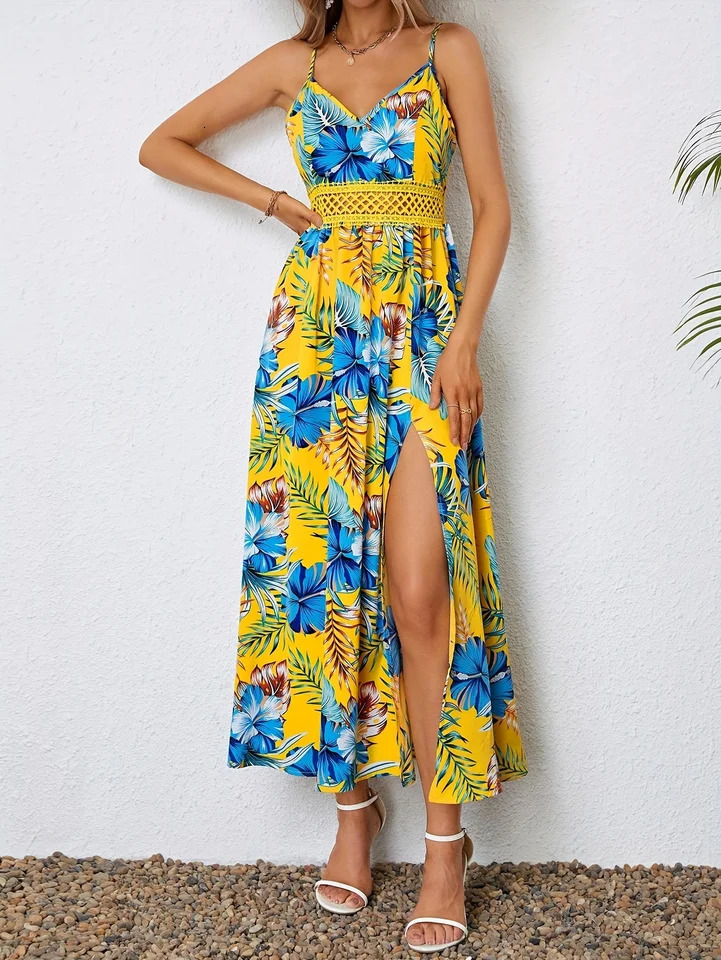 Floral Bohemian Women Dress Summer Vacation Beach Sundress Fashion Korean Female Clothing Slim Elegant Sexy Long Skirt M XL 250313
