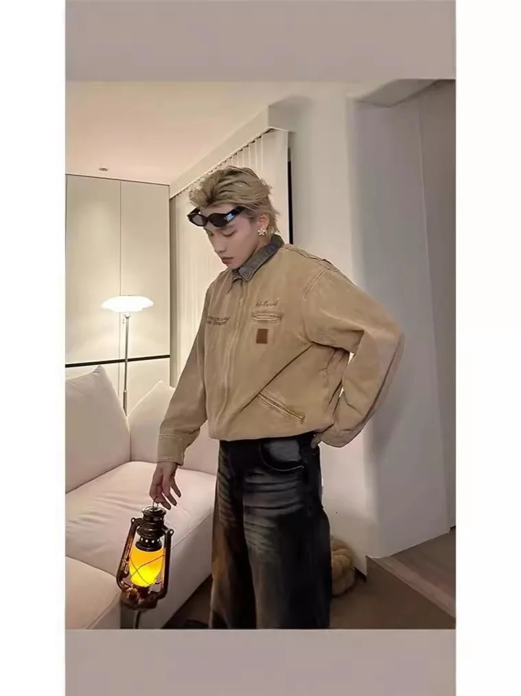 Retro canvas Detroit hunting jacket with thick cotton pockets and a lapel zipper suitable for mens autumn season 250313