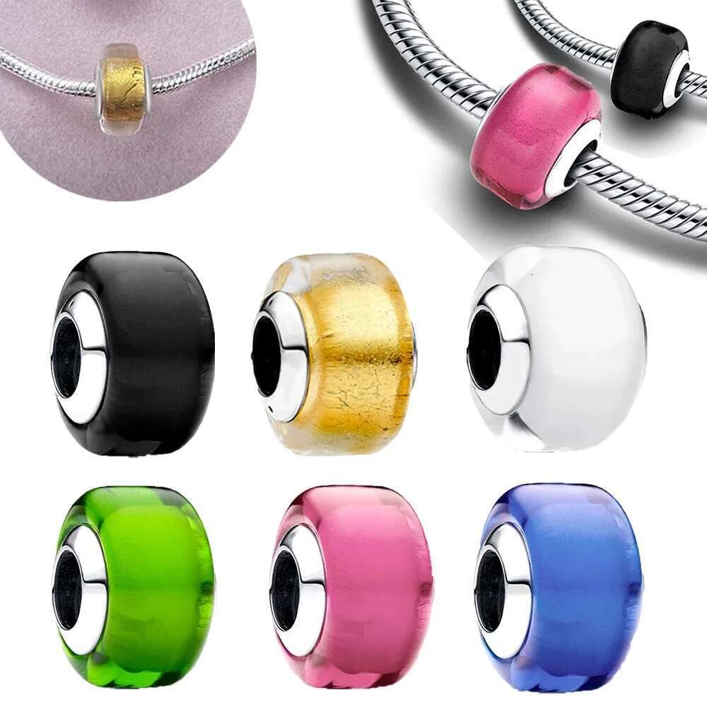 925 Sterling Silver Beads Golden Mini Murano Glass Charm Fit Women's Bracelet Diy Jewelry Making Gift