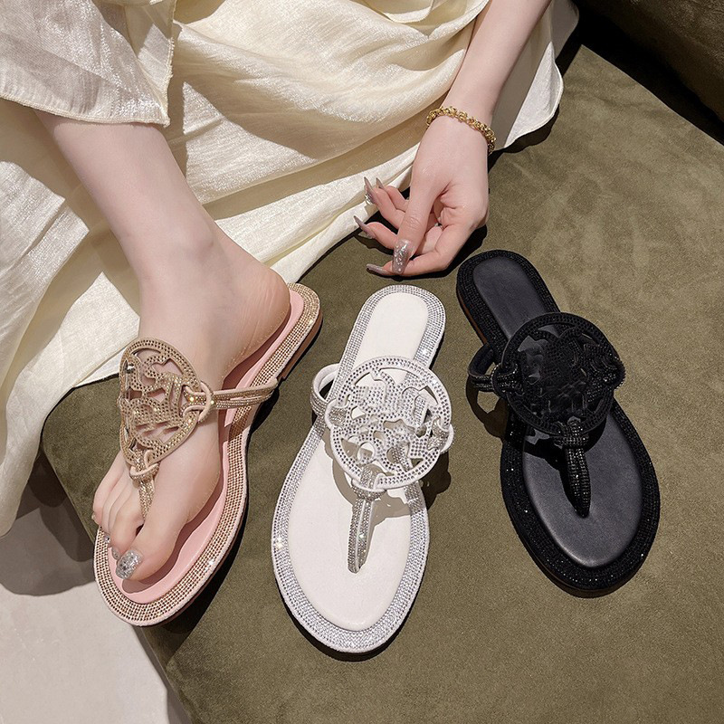 Designer Sandals 2025TB New Surrounding Rhinestone Flat Slide Women Ins Viral European Studded Toe Post Flip Flops Summer Beach Slippers