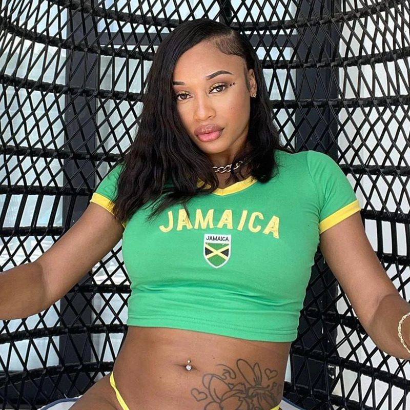 Summer Tees Jamaica Letter Print Womens Casual Retro Short Sleeve T-shirt Crop Tops Green Y2k Sexy Cool Unisex Female Top 250312