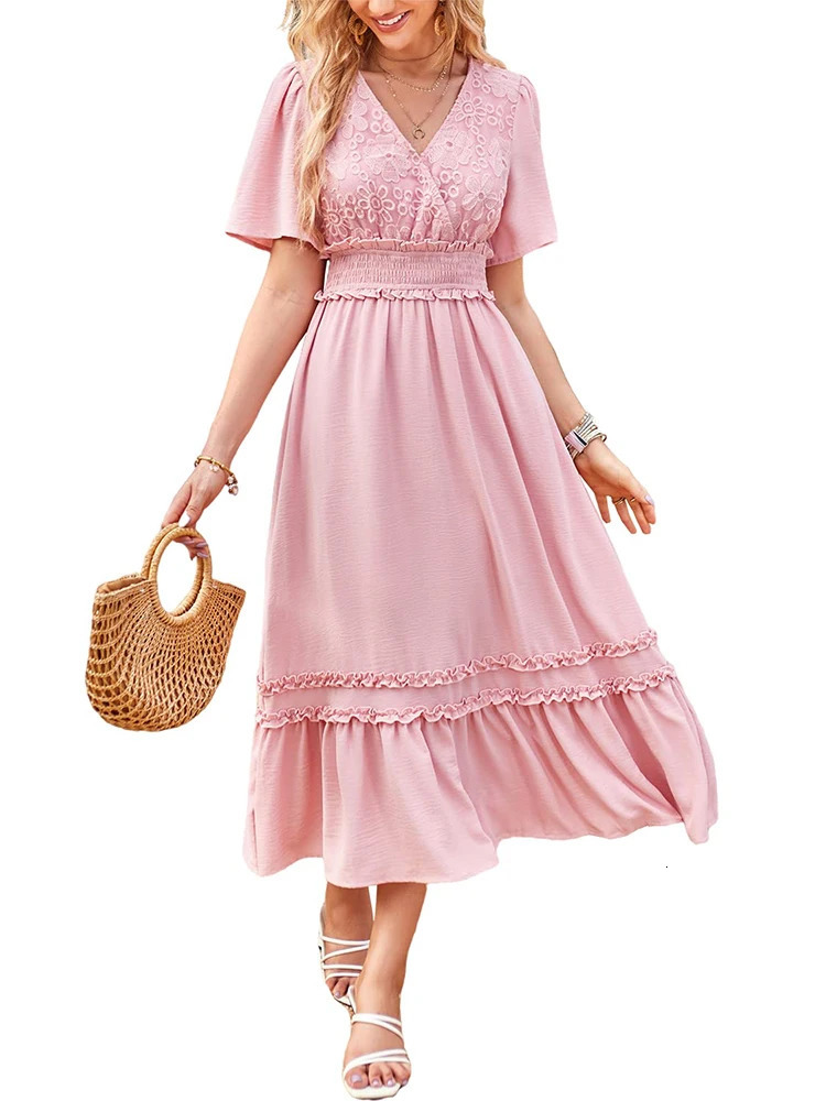 Womens V Neck Formal Lace Maxi Dress Ruffle Fringe Short Sleeve Boho Wedding Guest Long Dresses 250313