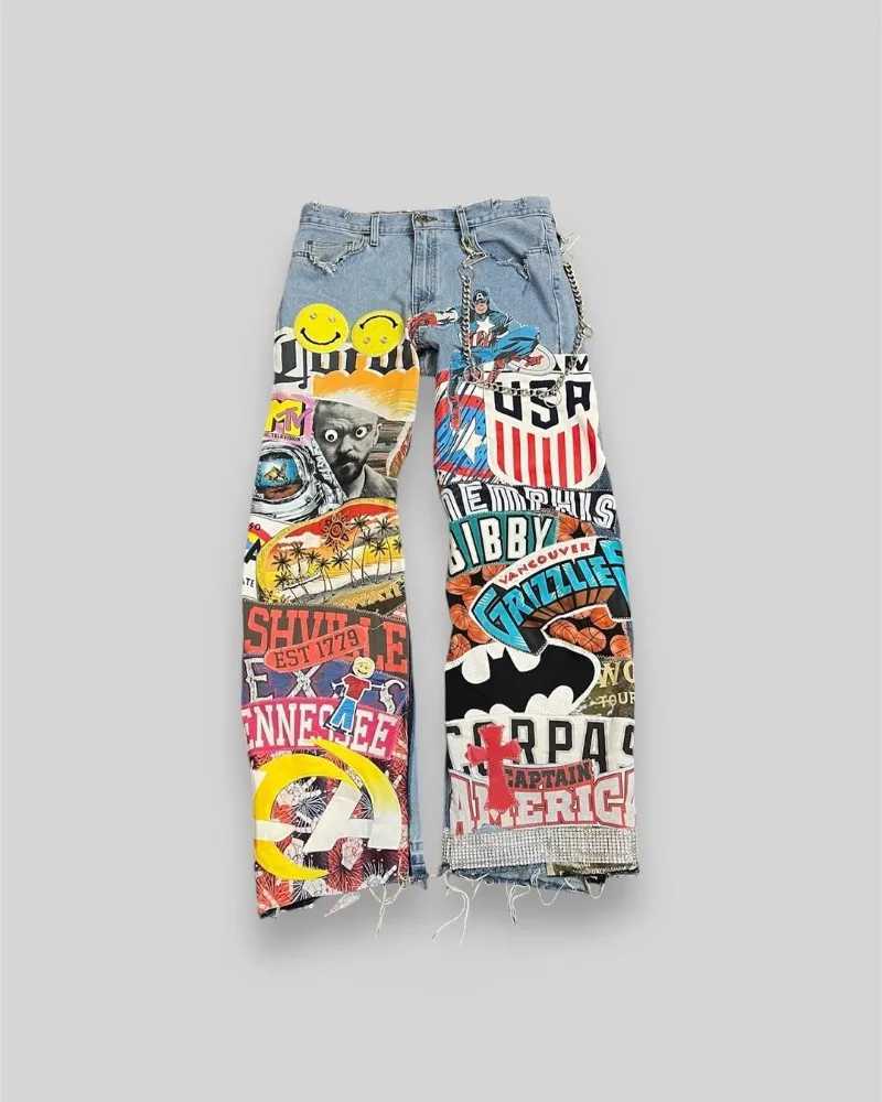 Fashion washing cartoon printing oversized jeans mens Y2k Gothpunk street hip-hop rock high waist wide leg womens jeans X250313