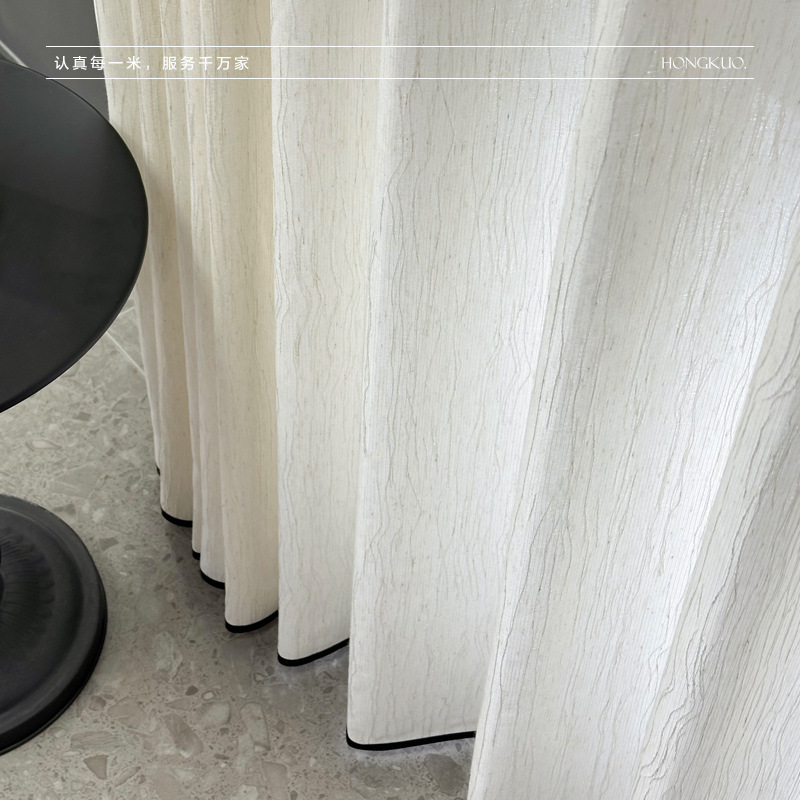 C343 Fufeng yarn linen color cotton and linen texture vertical stripes jacquard 3.2 width light-transmitting and opaque black edge shape Curtain
