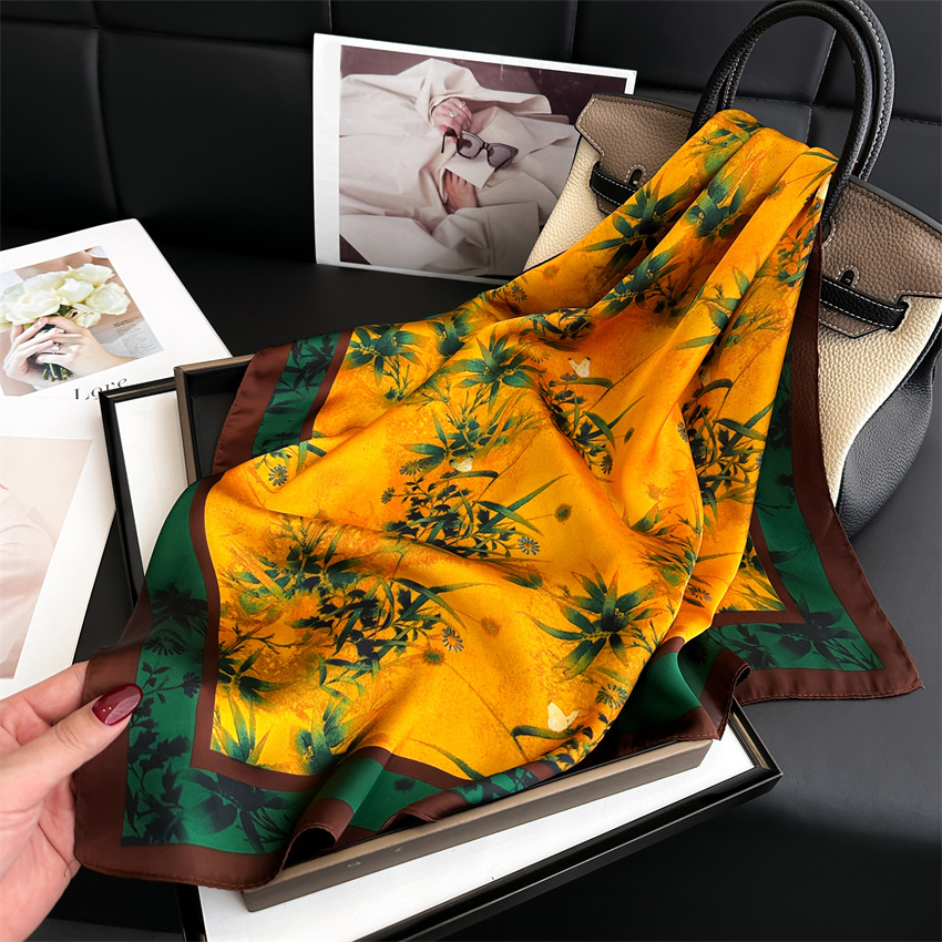 70cm Presbyopia Print Floral imitate Silk Scarf High Sense Fabric Headband for Women Fashion Long Handle Bag Scarves Paris Shoulder Tote Luggage Ribbon Head Wraps