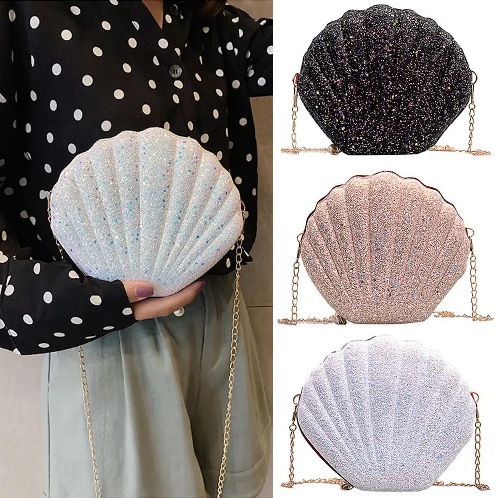 Chain Sequined Shoulder Bag For Women Pu Leather Handbags Cute Shell Crossbody Bags Female Sequins Small Bag Phone Money Pouch 250305