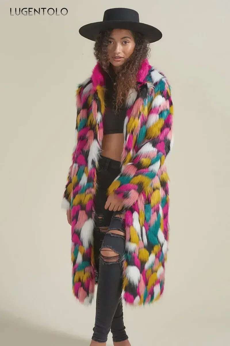 Women Long Coat Rainbow Colorful Fashion Faux Fox Fur Autumn Winter Lady Casual Street Warm Quality 2023 Cloth