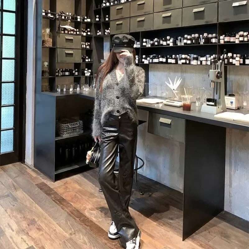 Fashionable Cross Patterned Straight For Women PU Leather Hot Girl 2024 New Stylish Unique Black Pants Korean Style