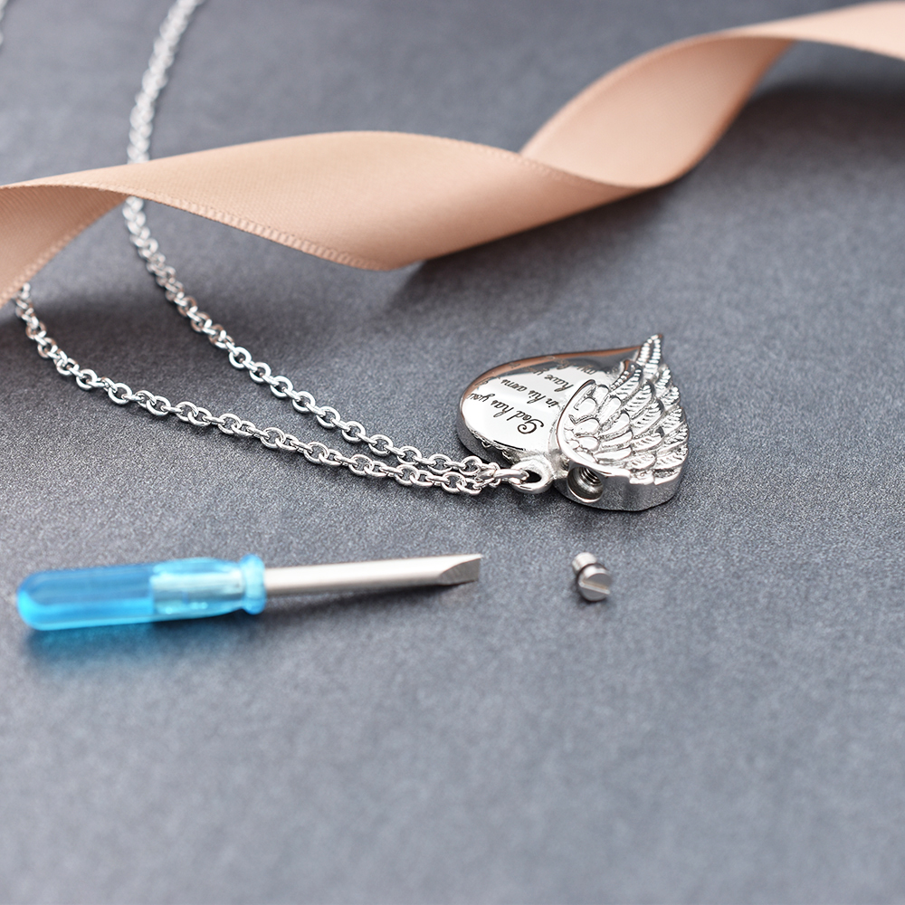 Engraved Angel Wing Heart Pendant Cremation URN Necklace - Memorial Jewelry with Keepsake Box