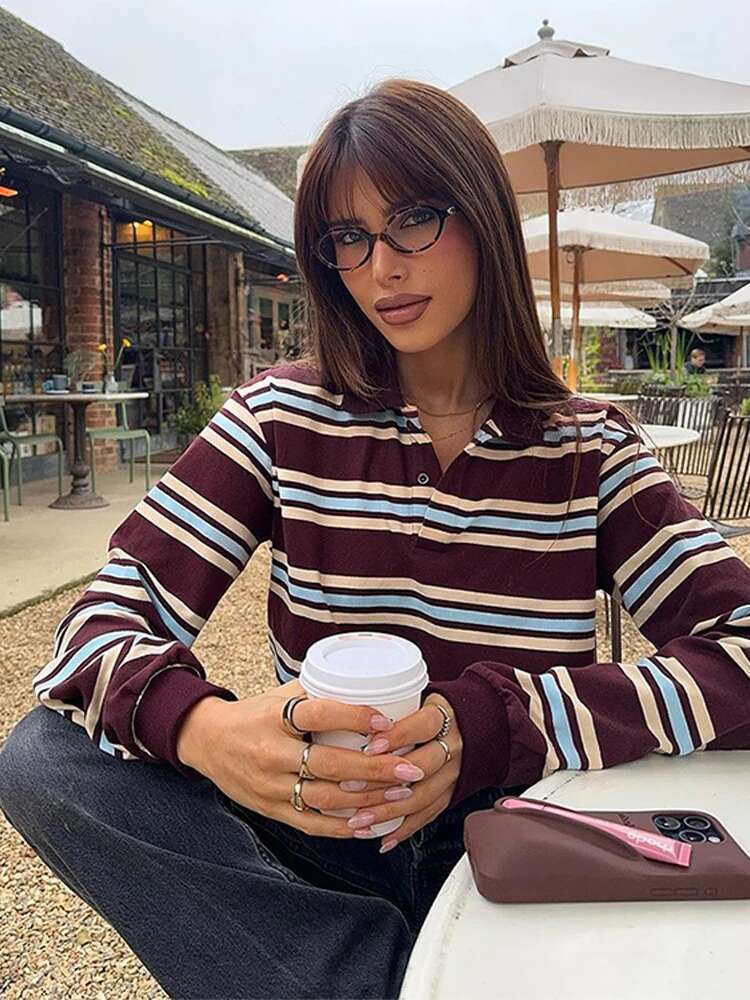 Fashion Stripe Women's T-Shirt Casual Long Sleeve Female All Match Polo Shirt 2025 Spring New Ladies Loose Tops High Street