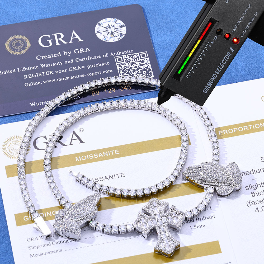 GRA Certified Custom Cross Necklace Silver 925 VVS Moissanite Hip-hop Ice Out Tennis Chain Necklace Womens Jewelry