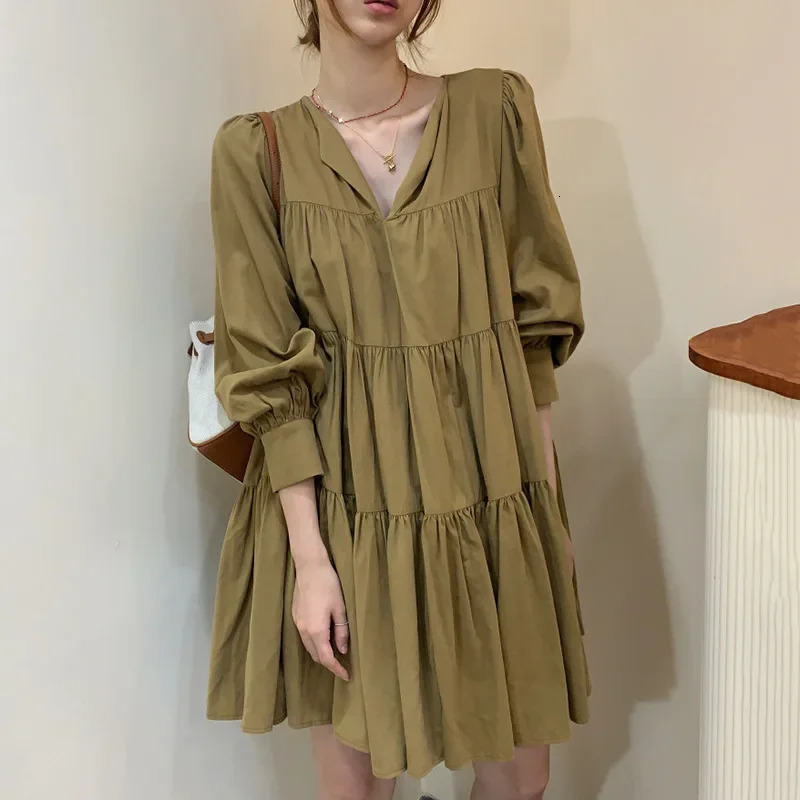 ChicAutumnSimpleSlimmingVNeck Mini Dress LooseFit Petite For Women Korean Style Fashionable And Elegant 250313