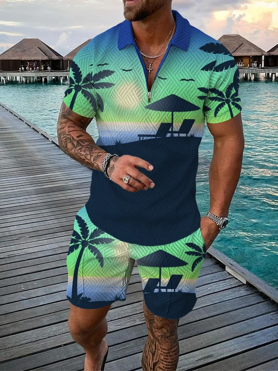 ZipUp Man Hawaii 2pcs sets 3D Coconut tree printing Zipper Polo Shirt Short Sleeve Shorts Casual Fashion 2PCS Summer 250313