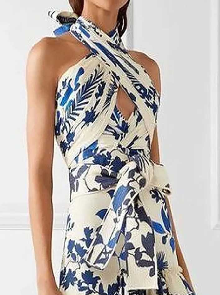 Urban Sexy Dresses Elegant Womens Dr Floral Printed Slvel Cross Halter Off Shoulder Hollow Out Ruched Tie Details Layered Ruffle Midi Dr Y240312SLEA