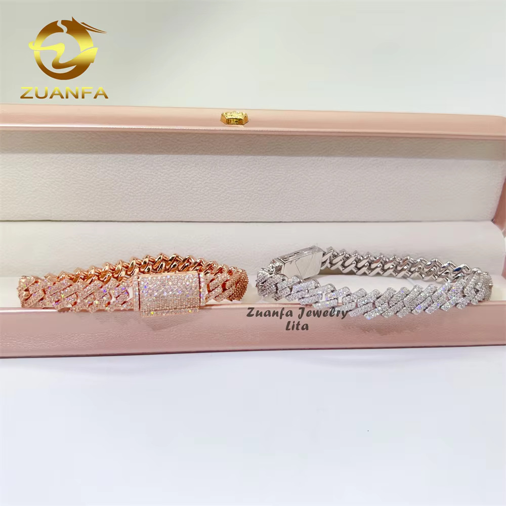 Hot Sale Fine Jewelry Lab Diamond S925 Sterling Silver Rhodium Plated Moissanite Bracelet Men Cuban Link Bracelet