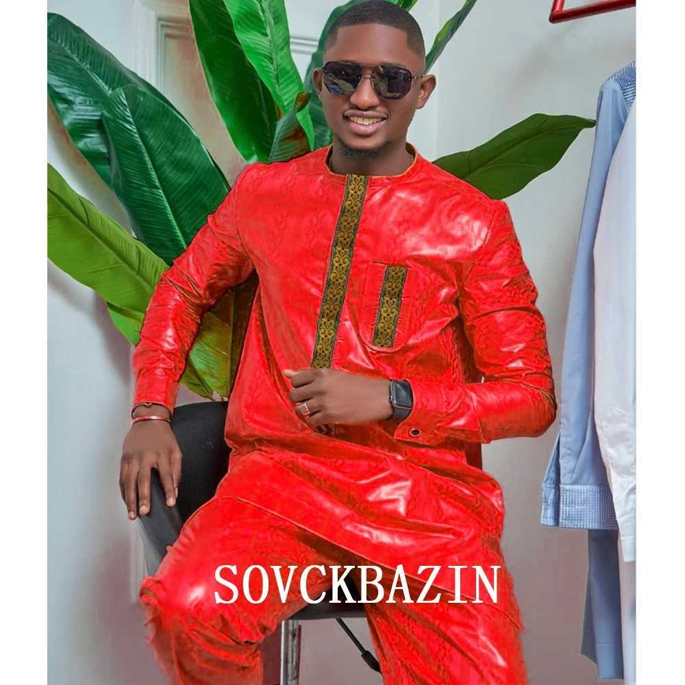 African Mens Top 2-piece Bazin Riche Mens Traditional Embroidered Shirt with Trouser Wedding Nigerian Robe X250313