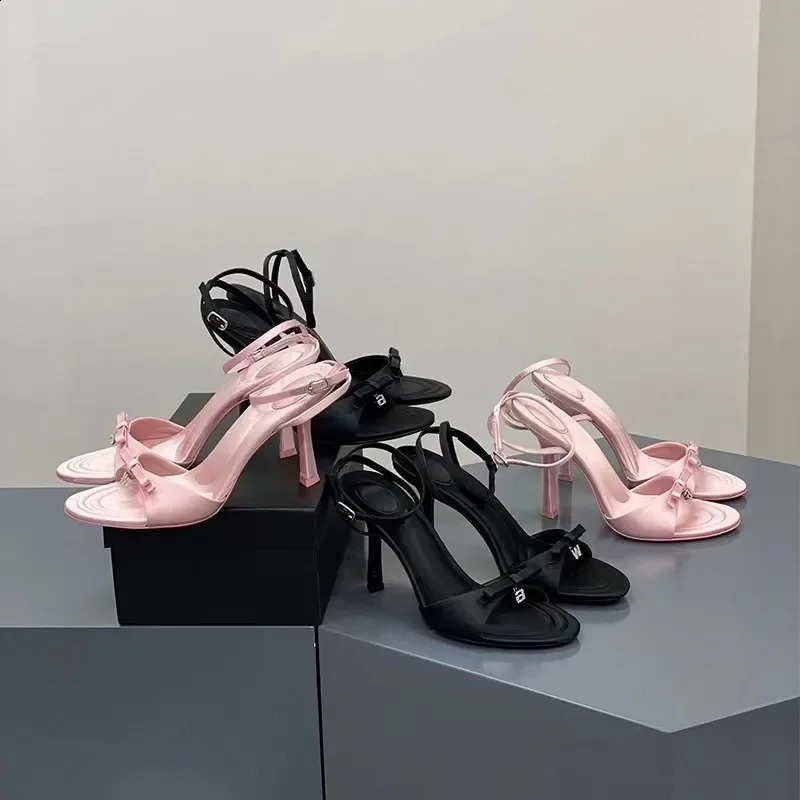 Summer Bow Satin Heels Feminine Rhinestone Letters Stiletto Heels Open-toe Sandals Black Pink womens shoes sandals 250310