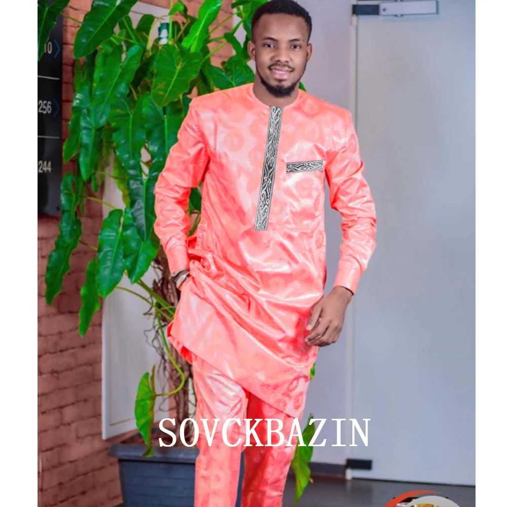 African Men Bazin Dashik Suit Clothing Casual 2 Pcs Set Shirt and Pant Nigerian Basin Men Outfit Party Wedding Clothes X250313