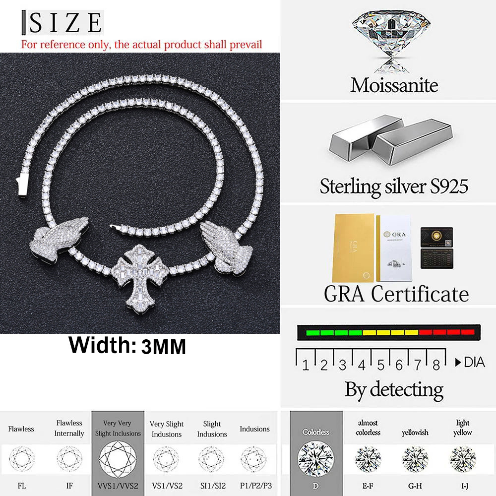 GRA Certified Custom Cross Necklace Silver 925 VVS Moissanite Hip-hop Ice Out Tennis Chain Necklace Womens Jewelry