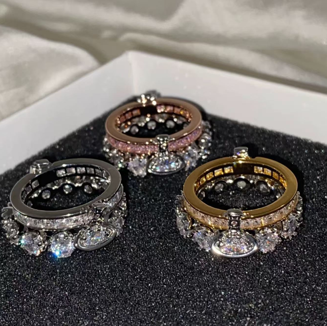 Designer Planet Diamond Ring Women Exquisite diamond Ring female European and American Instagram niche design sense double flash diamond Saturn premium sense ring