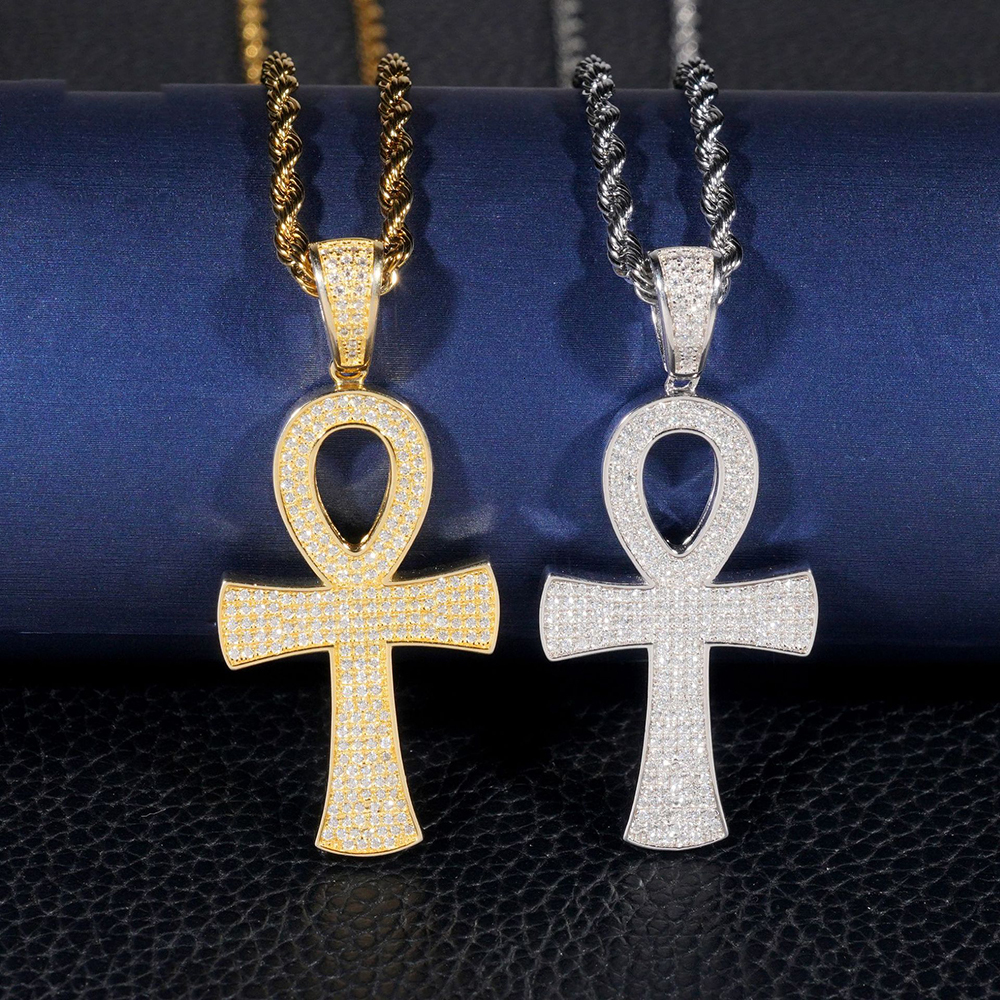 VVS1 Moissanite S Sier Round Ankh Cross Pendants Necklace Real Dia Iced Out Necklaces For Men Women Jewelry With GRA