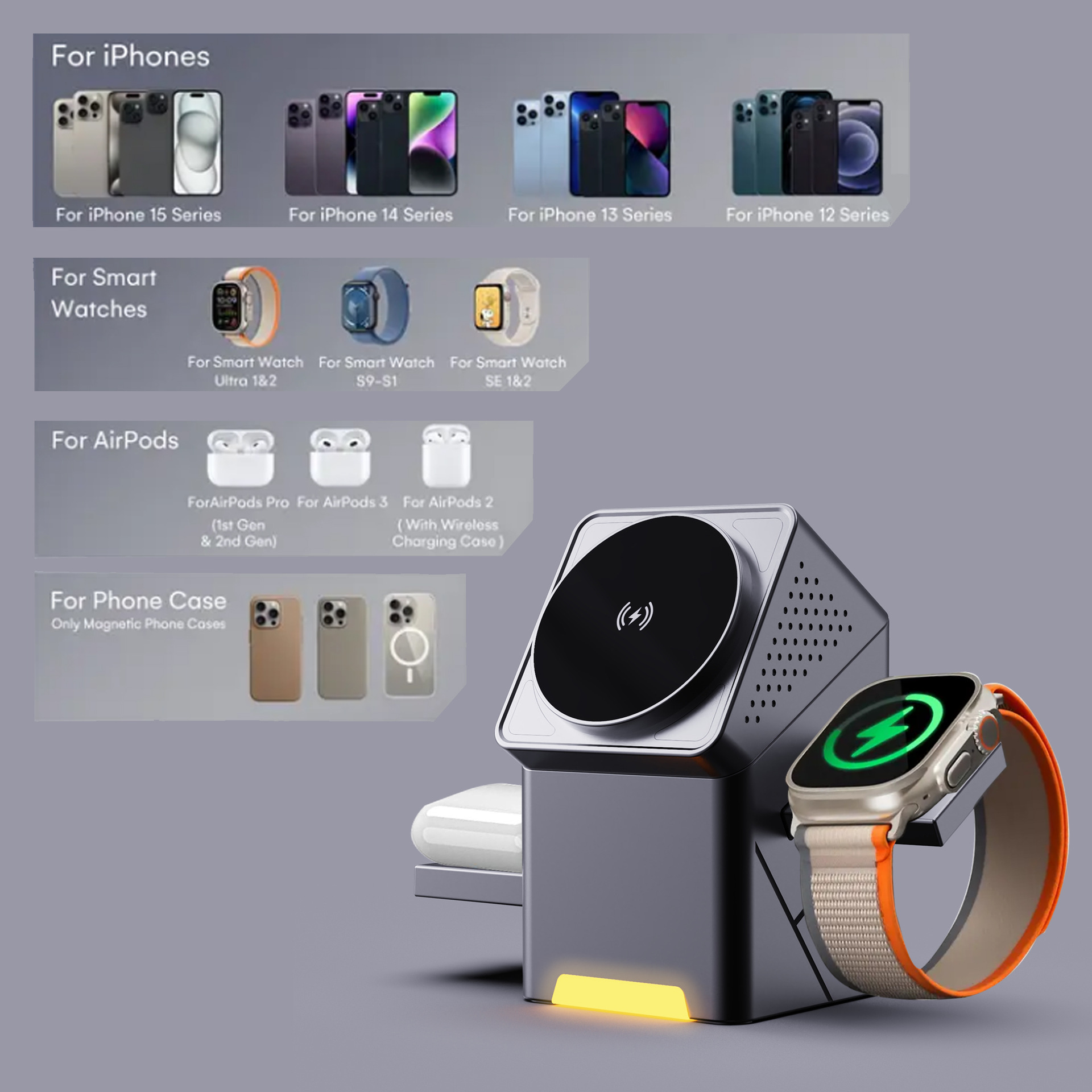 3-in-1 Magnetic Wireless Charger Station Qi2 Certified 15W Fast Charge with Auto-Rotating Magsafe & Pop-Up Design for iPhone 15/14, Apple Watch Ultra/